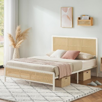 Full Size Rattan Bed Frame with Headboard, Modern Style Cane Boho Bed Frames with Heavy Duty Sturdy Steel Slat Support, No Box Spring Needed, White