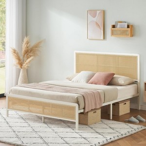 Full Size Rattan Bed Frame with Headboard, Modern Style Cane Boho Bed Frames with Heavy Duty Sturdy Steel Slat Support, No Box Spring Needed, White - 1 of 4