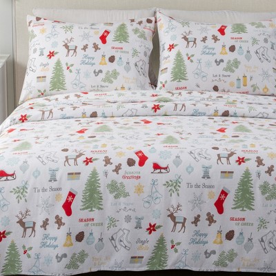 Twin Gray Holiday Print Cotton Flannel Sheet Set