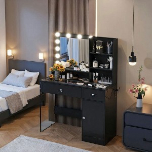 Resenkos Vanity Desk with Mirror and 3 Lighting Modes, Makeup Vanity with Glass Top and Storage Shelves, - 1 of 4