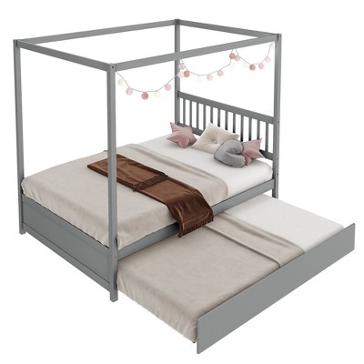 Tangkula Full Size Canopy Bed with Trundle Wooden Platform Bed Frame Headboard