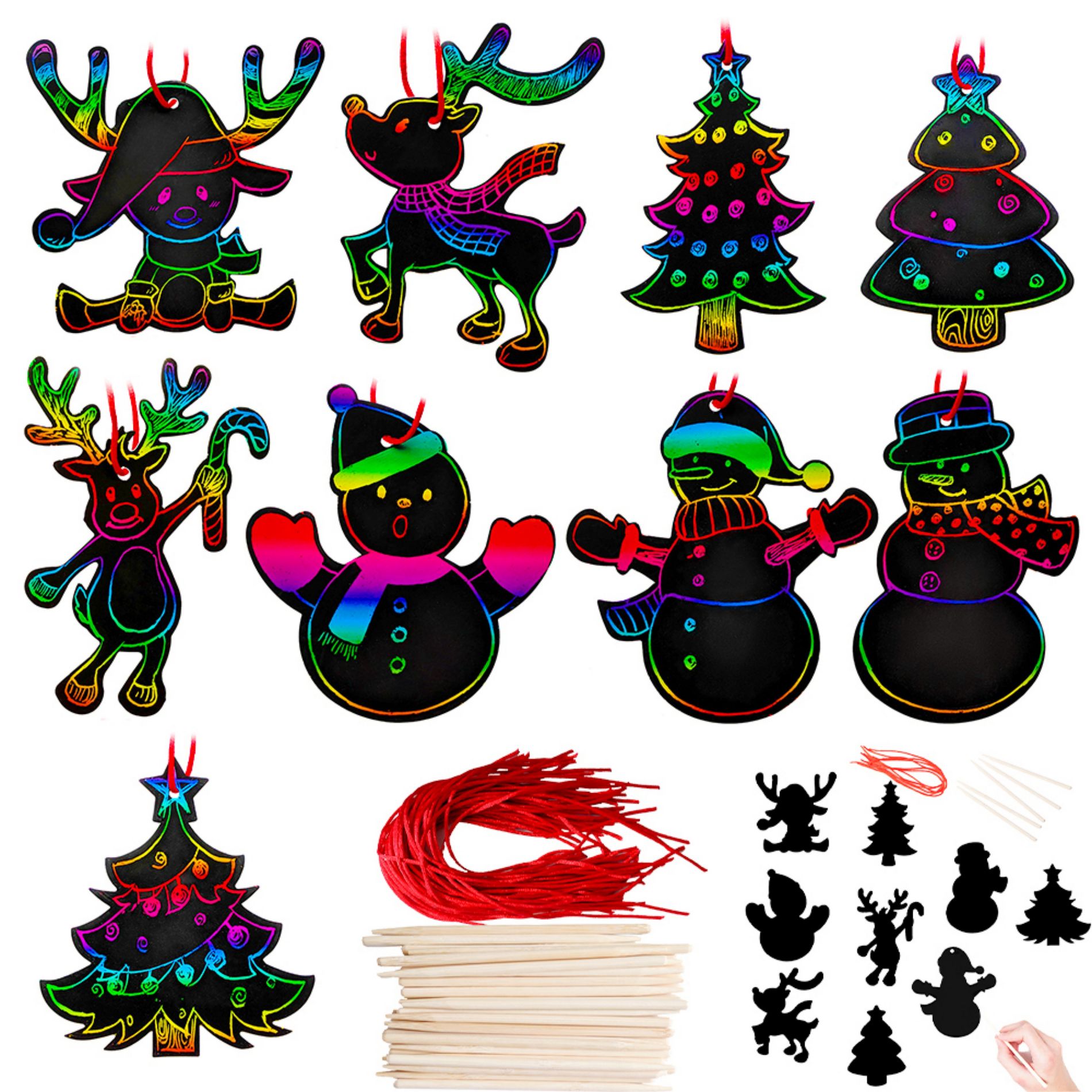 Joyfy Christmas Crafts Scratch Art for Kids, 72/48PCS Ornaments Rainbow Color Scratch Off Cards Paper Hanging Art Craft Supplies Educational Toys Kit