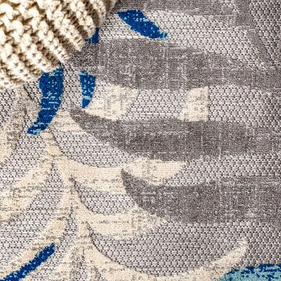 Gray and Blue Palm Leaves Indoor/Outdoor Area Rug