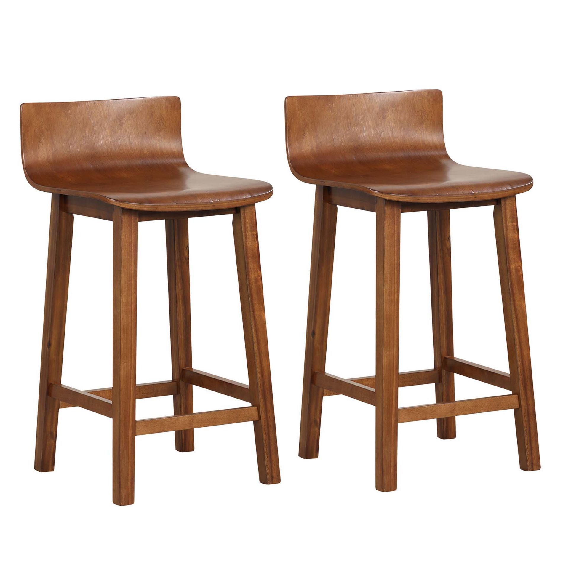 Costway 24.5" Wood Bar Stools Set of 2 with Solid Back & Seat Mid Century Bar Chairs Brown
