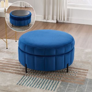 PAGED Round Ottoman with Storage & Reversible Lid, Velvet Storage Ottoman with Metal Legs, Channel Tufted Pumpkin-shape Footstool - 1 of 4
