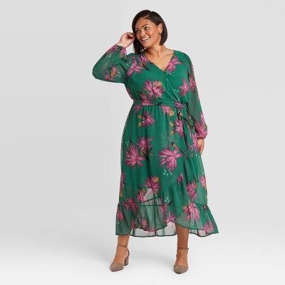 long sleeve green floral dress