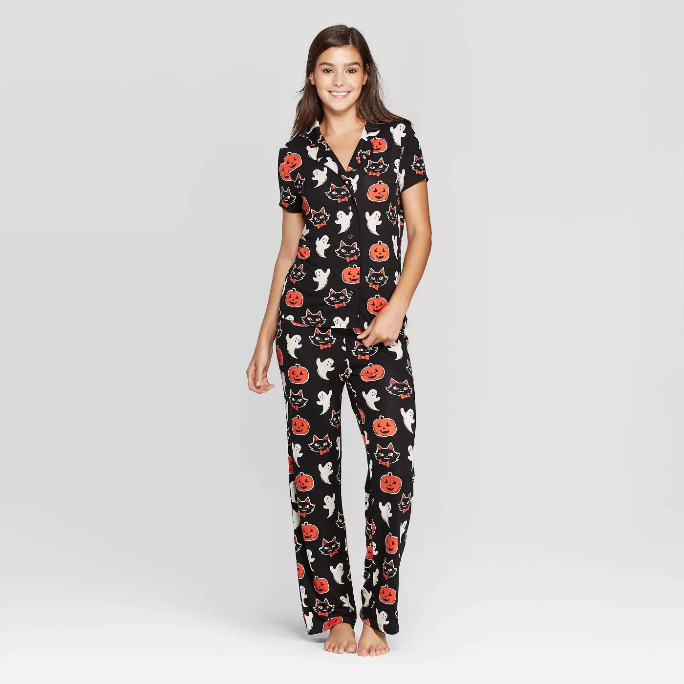 Nite Nite Munki Munki Women's Halloween Print Notch Collar Pajama Set - Black - image 1 of 2