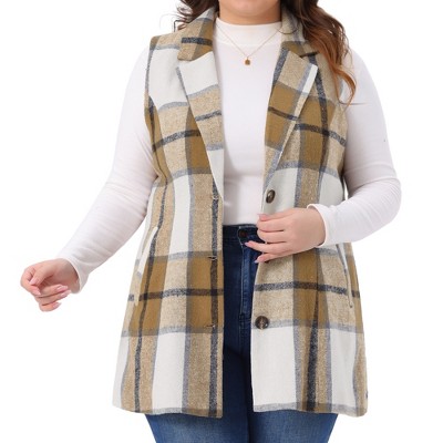 Agnes Orinda Women's Plus Size Plaid Sleeveless Notched Lapel Button Down Casual Vest with Pocket
