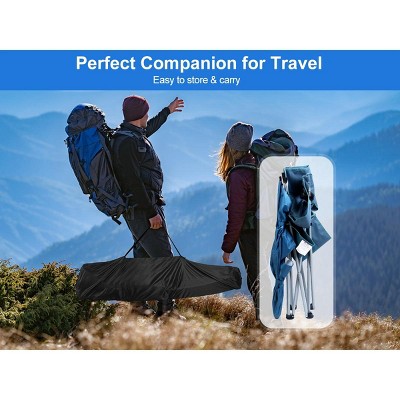 Black Foldable Camping Chair with Adjustable Blue Canopy and Armrests