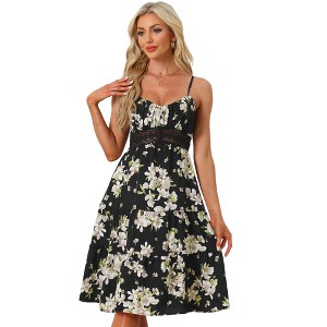 Allegra K Women's V Neck Spaghetti Strap Smocked Back Ruffled Hem Midi Floral Sundresses - 1 of 4