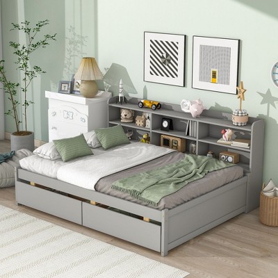 CAVINAS Full Size Bed Modern Pine Bed Frame with 2 Drawers and Side Storage Bookcases for Bedroom