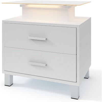 Homhougo Nightstand, Side Table with Charging Station and LED Lights Glass Top Bedside Table with 2 Drawers for Living Room, Bedroom, White