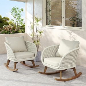 Christopher Knight Home Hattie Patio Contemporary Rattan and Acacia Wood Rocking Chair with Cushion (Set of 2) - 1 of 4