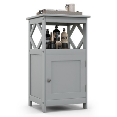Tangkula Bathroom Floor Cabinet Single Door Storage Cabinet with Open Compartment Anti-Toppling Device Grey/White