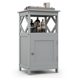 Tangkula Bathroom Floor Cabinet Single Door Storage Cabinet with Open Compartment Anti-Toppling Device Grey/White - 1 of 4