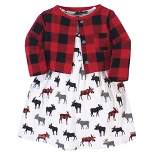 Hudson Baby Infant and Toddler Girl Cotton Dress and Cardigan 2pc Set, Buffalo Plaid Moose