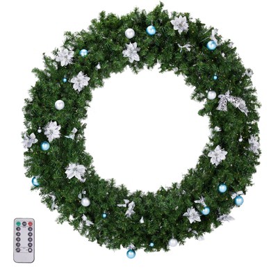 48in Pre-lit Christmas Decoration with 150 Cold & Warm LEDs, 450 PVC Tips & DIY Ornaments, Lighted Artificial Xmas Wreath for Door, Wall & Party Decor