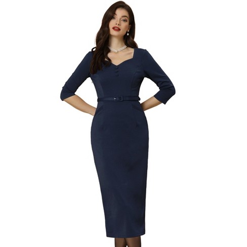 Allegra K Women's Vintage Sweetheart Neck 3/4 Sleeve Belted Sheath Pencil  Dresses Dark Blue Small : Target