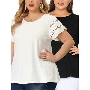 Agnes Orinda Women's Plus Size Crew Neck Lace Panel Short Sleeve Elegant Work Packs Blouses - 1 of 4