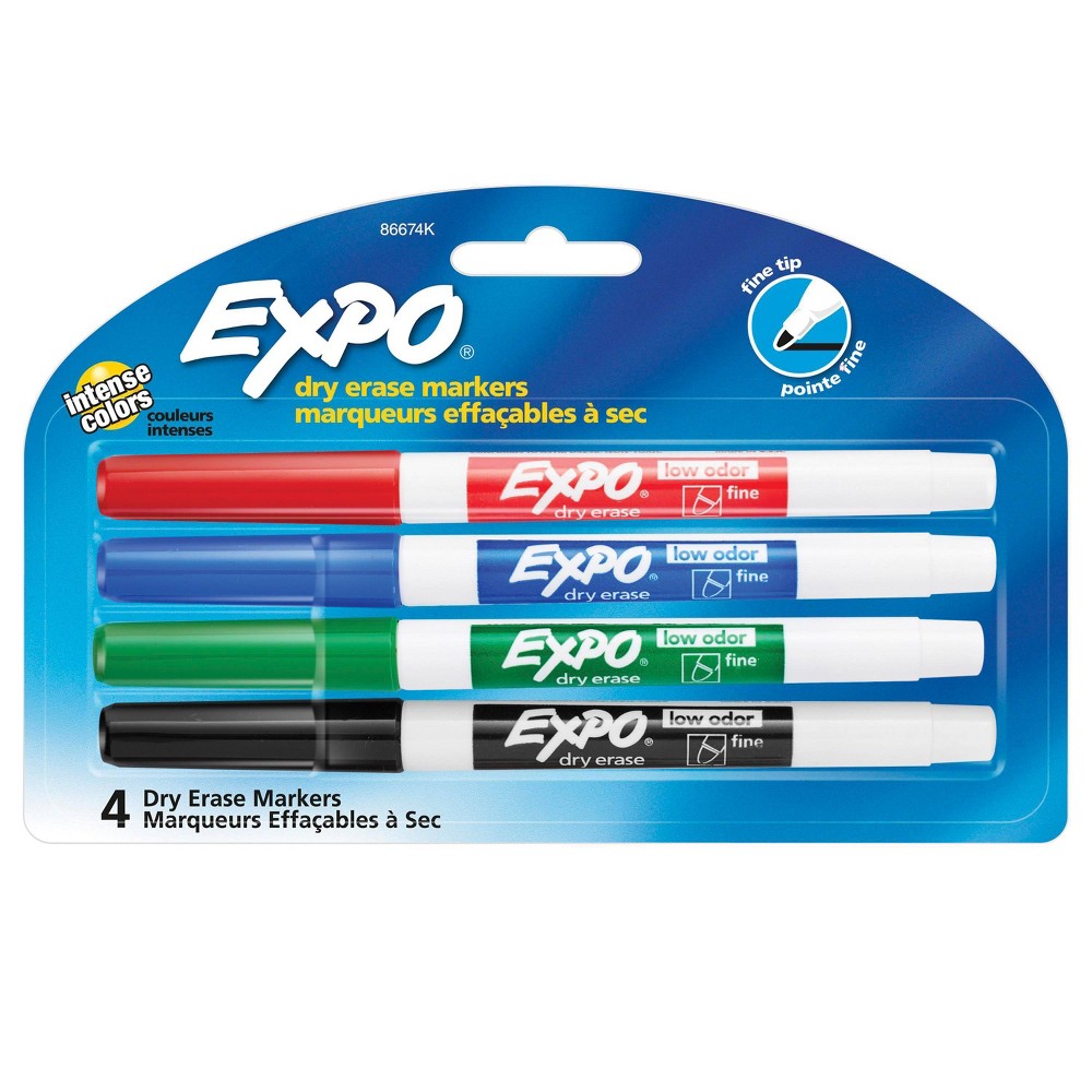 Expo 4pk Dry Erase Markers Fine Tip Multicolored Easy to use and featuring an array of vibrant colors! The Fine Tip Dry Erase Markers Low Order from Expo is ideal for your next board meeting and a great way for kids to learn and discover their potential. The vivid ink makes it easy to see from a distance; erases cleanly and easily from whiteboards and other nonporous surfaces with a dry cloth. Tracking, scheduling and those pie chart presentations have never been this colorful and easy!