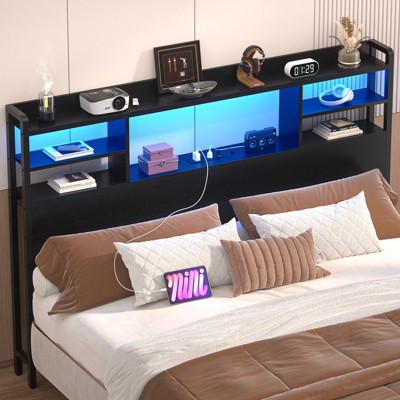 Aheaplus Headboard with Storage shelves and Charging Station, Wood Headboard with LED Light