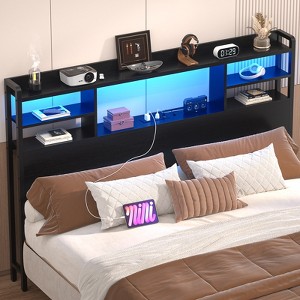 Aheaplus Headboard with Storage shelves and Charging Station, Wood Headboard with LED Light - 1 of 4