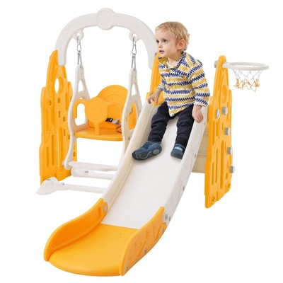4 In 1 Toddler Slide Swing Set, Indoor Outdoor Playground Equipment, Freestanding Playset, with Basketball Hoop, for Playground