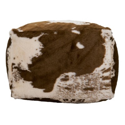 Brown and White Faux Fur Cow Hide Pouf, 20" x 20" x 14"