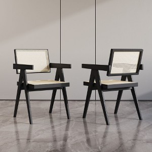 POVISON Farmhouse Solid Wood Rattan Dining Chair, Accent Arm Chair for Kitchen & Bedroom, Black & Khaki, Fully-Assembled - 1 of 4
