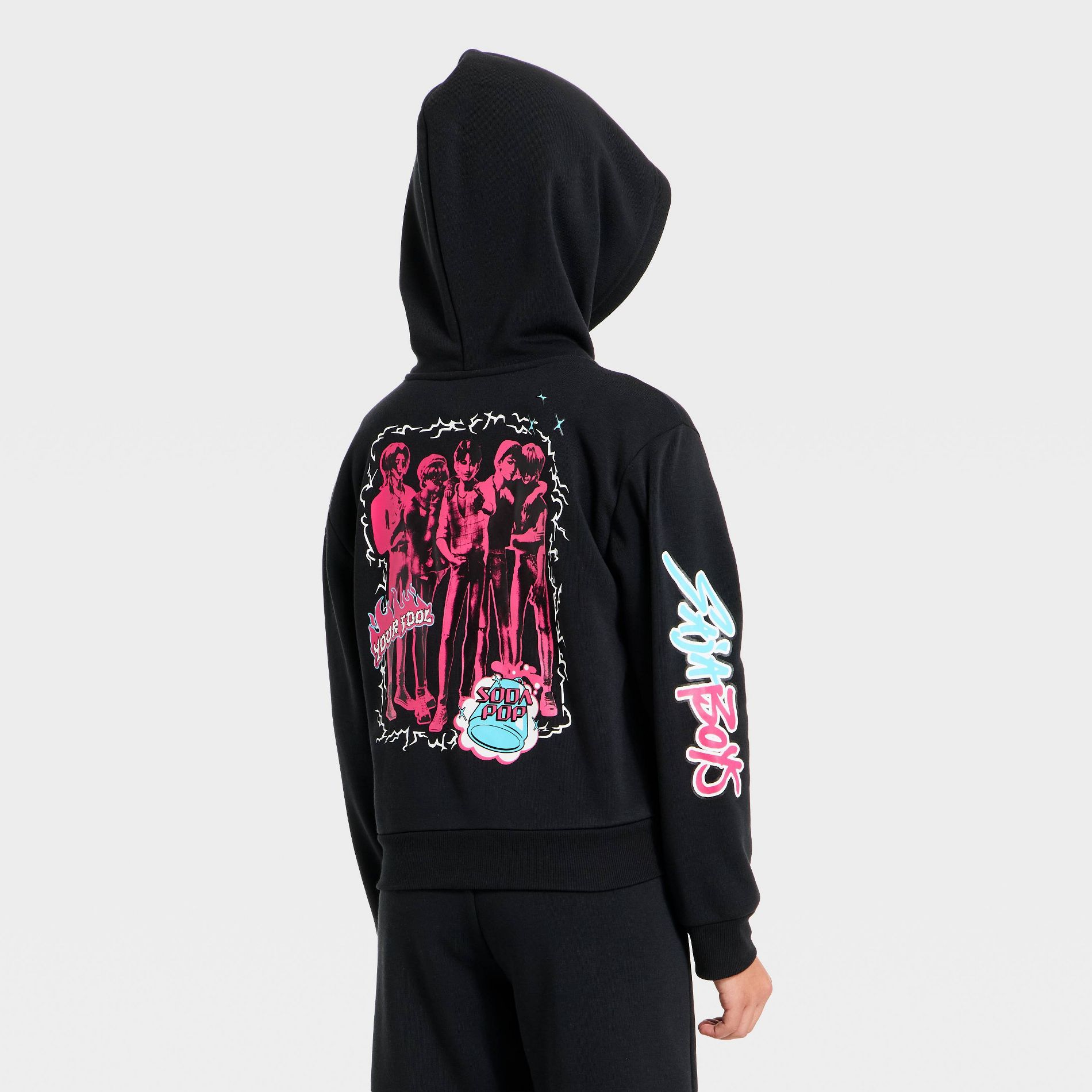 Girls' KPop Demon Hunters Saja Boys Hooded Front and Back Graphic Pullover Sweatshirt - Black