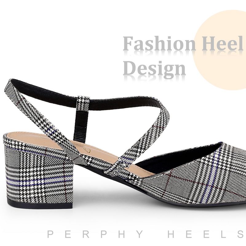Perphy Houndstooth Printed Pointed Toe Slingback Chunky Heels Mules for Women, 6 of 8
