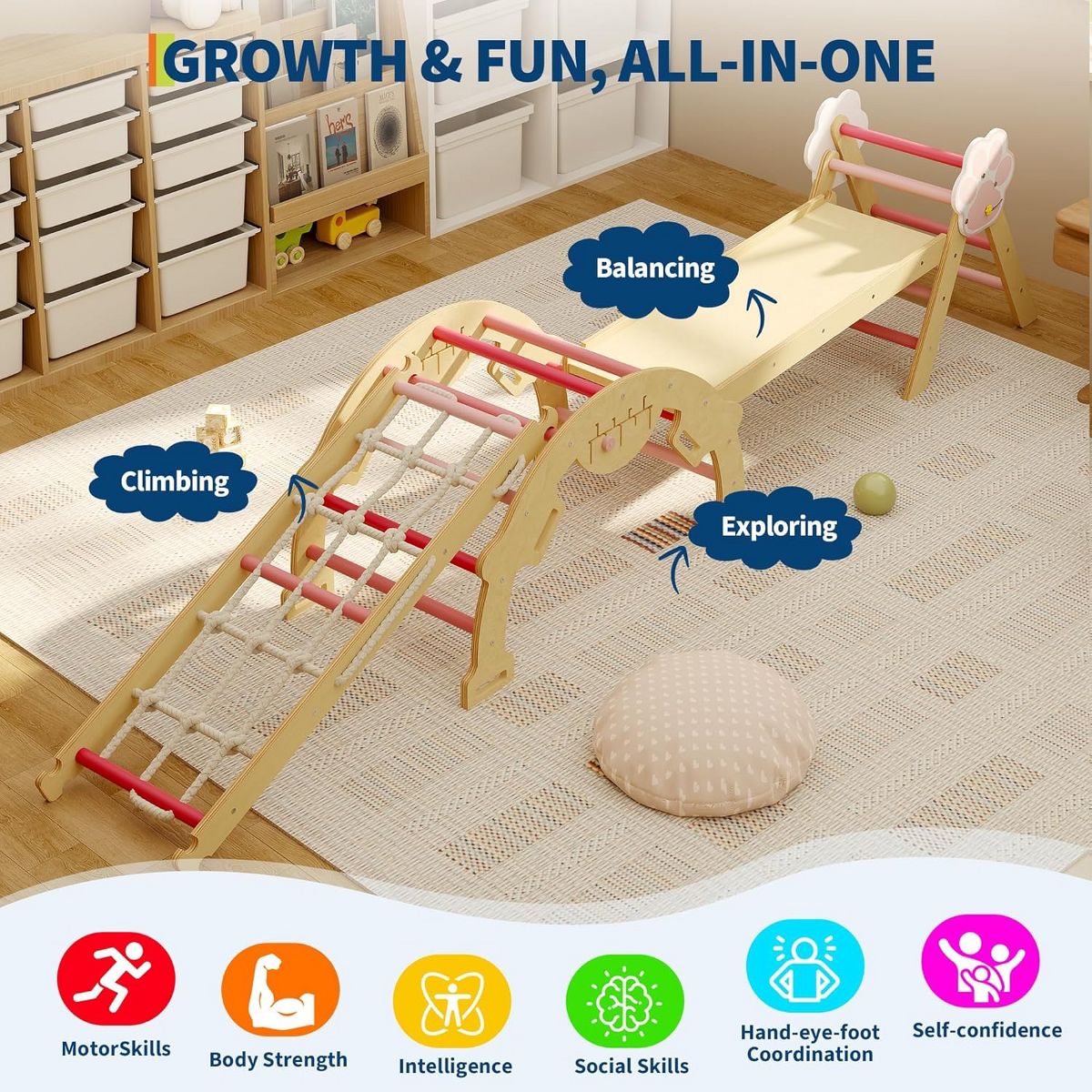 Wooden Climbing Triangle Set for Toddlers. 8-in-1 Foldable Play Gym with Slide. Arch & Rope Ladder. Indoor Jungle Gym for Kids 1+ Years - thumbnail 2