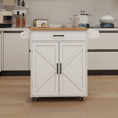 Kitchen Trolley Carts On Wheels Rolling Kitchen Island Cart With Rubberwood Countertop,abstract,white,37.99in,3.17ft