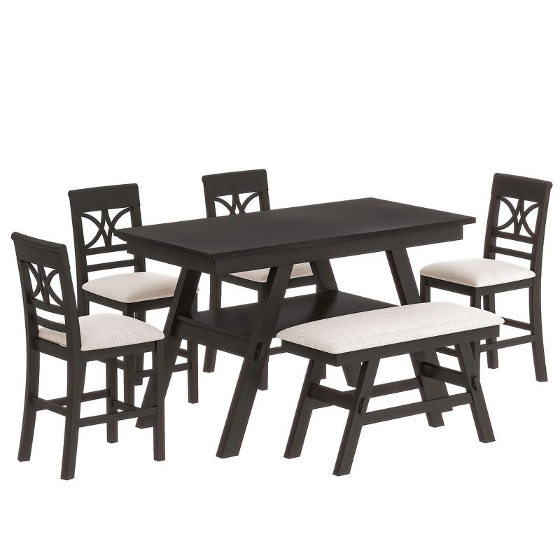 Rustic 6-Piece Wood Counter Height Dining Table Set with Storage Shelf, 4 Chairs and Bench-ModernLuxe, 3 of 12