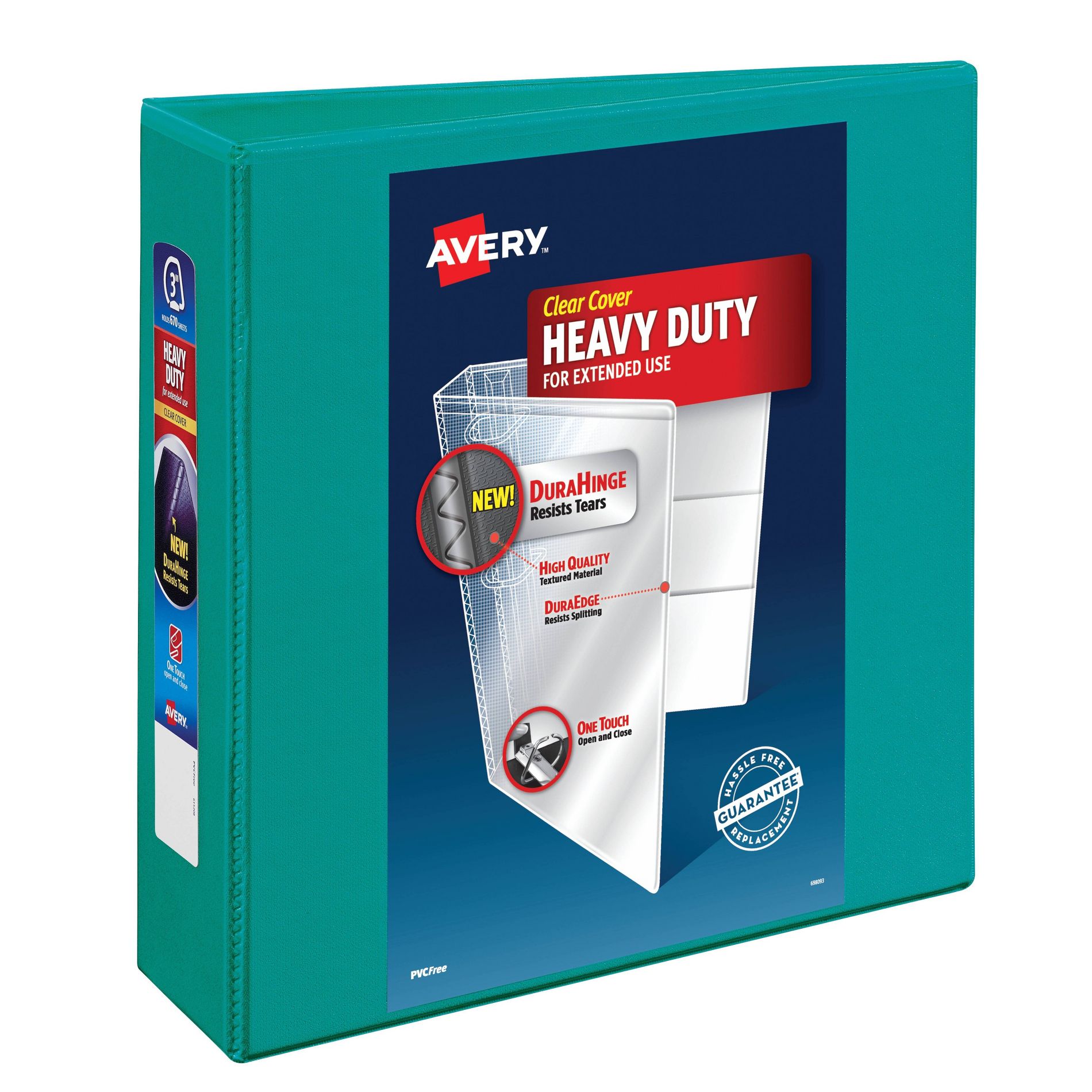 Avery 3" One Touch EZD Rings 670 Sheet Capacity Heavy Duty View Binder - Green: Polypropylene, 4 Pockets, D Rings