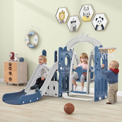 5-in-1 Kids Slide and Swing Set with Climbing Ladder, Basketball Hoop, Storage, Indoor Outdoor Play Center for Kids Gifts