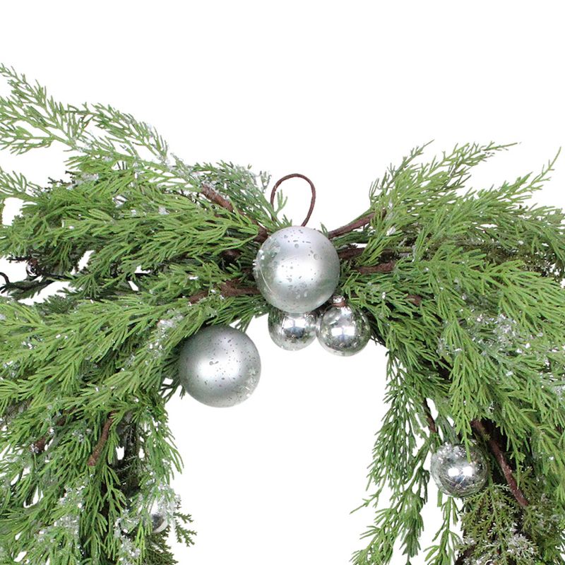 Northlight 24" Unlit Iced Cedar Silver Ornaments and Bells Artificial Christmas Wreath, 3 of 5