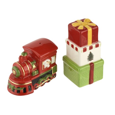 Spode Christmas Tree Train Salt and Pepper Set - Train: 2.25 x 2.25 x 3 in/  Gift stack: 3.5 x 1.65 x 1.65 in