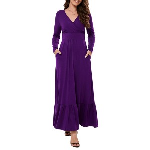 Clearlove Womens Long Sleeve Deep V Neck Dress Ruffles Long Maxi Casual Dresses for Women with Pockets - 1 of 4