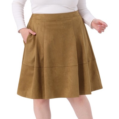 Women's Plus Size Faux Suede High Waisted Elastic Pleated Casual A Line Midi Skirt with Pockets - Agnes Orinda