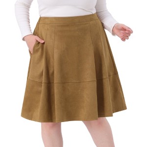 Women's Plus Size Faux Suede High Waisted Elastic Pleated Casual A Line Midi Skirt with Pockets - Agnes Orinda - 1 of 4