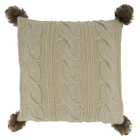 18x18 Poly-filled Cable Knit Square Throw Pillow With Pom-poms