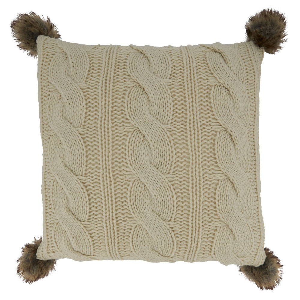 Photos - Pillow 18"x18" Poly-Filled Cable Knit Square Throw  with Pom-Poms White - S