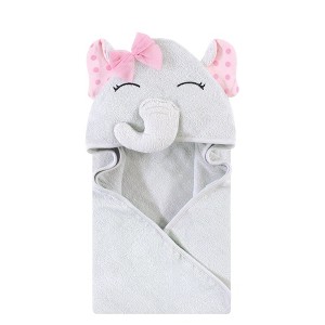 Hudson Baby Infant Girl Cotton Rich Animal Face Hooded Towel, Pink Dots Pretty Elephant, One Size - 1 of 2