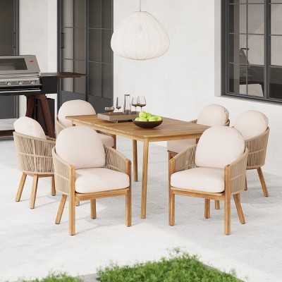 7-Piece Acacia Wood Patio Dining Sets, Outdoor Oblong Dining Table with 6 Rope Woven Chairs for Patio or Garden – Cuddlewood