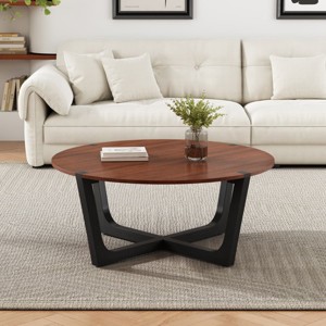 44 Inch Round Acacia Wood Coffee Table with Sculptural Wood Base, Modern Living Room Centerpiece with Wide Surface-Maison Boucle - 1 of 4