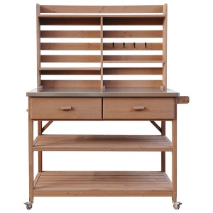 64.9"H Outdoor Potting Bench with Lockable Wheels, 100% Fir Wood Kitchen Island, Stainless Steel Top, Upper Hutch & Storage, Brown - 1 of 4