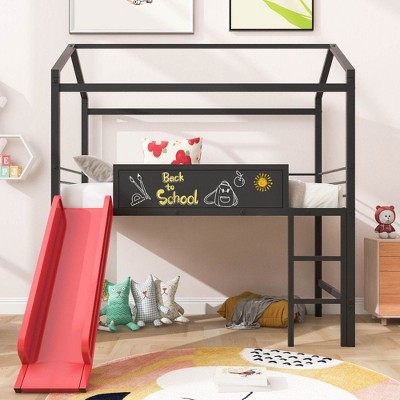 NicBex Twin Size Loft Bed with Roof Design,Metal Loft Bed Frame with Slide and Writing Board,Bed Frame for Kids,Box Spring Not Required