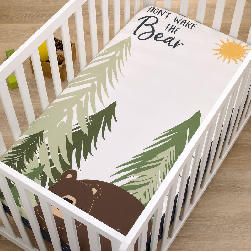 NoJo Into the Wilderness Navy, White, Green and Brown Don’t Wake the Bear 100% Cotton Photo Op Fitted Crib Sheet, 4 of 6