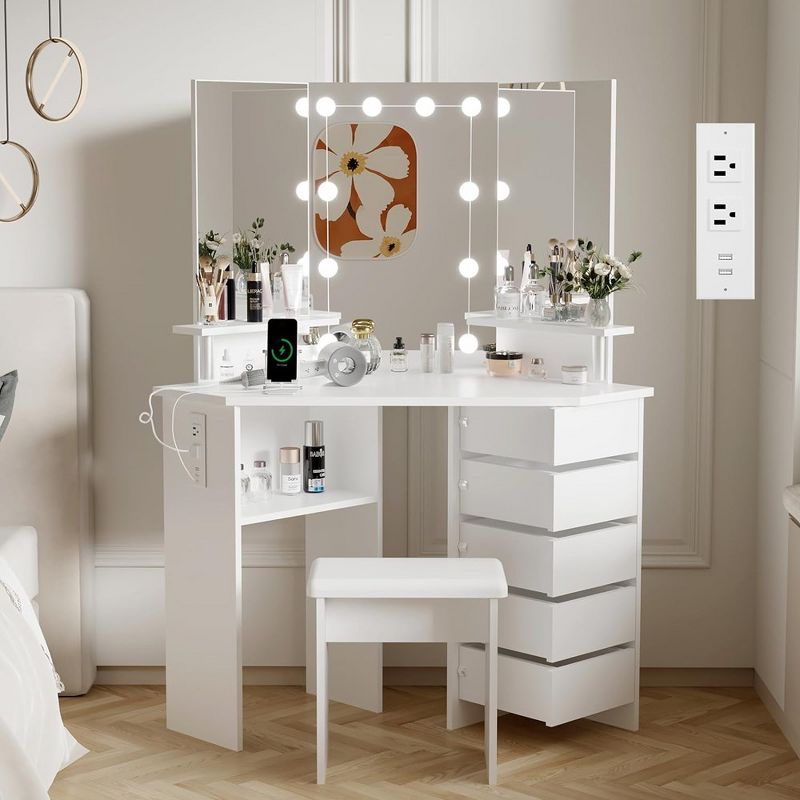 Makeup Vanity Desk with Lights & Power Outlet, Corner Vanity Table with 5 Rotating Drawers,Shelves and Stool, 5 of 8